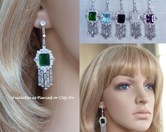 NEW Long Emerald Cut Cubic Zirconia CZ Fringe Dangle Earrings, Blue, Green, White, Aqua, Purple, Bridal, Wedding (Sparkle-3296-C)