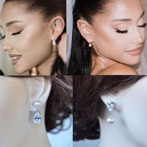 260+ Pairs Sold Ariana Grande Replica Bridal Earrings Classic Pear Cut CZ & Pearl Dangle Bridal Earrings, Wedding (Pearl-980)