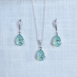 Small Soft Green Swarovski Silky Sage Green DeLite Teardrop Crystal Dangle Earrings, Necklace, Bracelet, Set (Sparkle-3246)