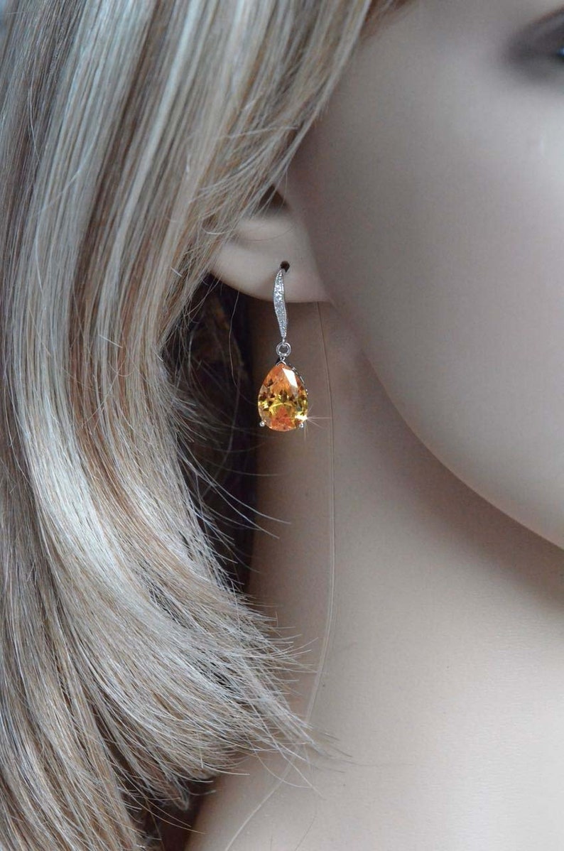 Handmade Classic Dark Yellow Cubic Zirconia CZ Teardrop Dangle Earrings Sparkle-3017 Wedding Bridal