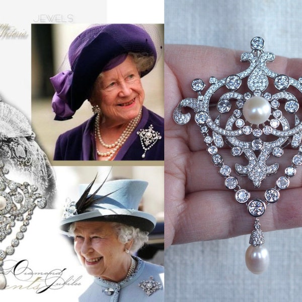 Royalty Reproduction Queen Victoria's Diamond Jubilee Brooch, Silvertone, Cubic Zirconia Freshwater Pearls (Sparkle-3400)