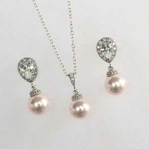 Ihre Wahl Perlenfarbe - CZ und Perle Braut Halskette und Ohrringe Set (Pearl-720)