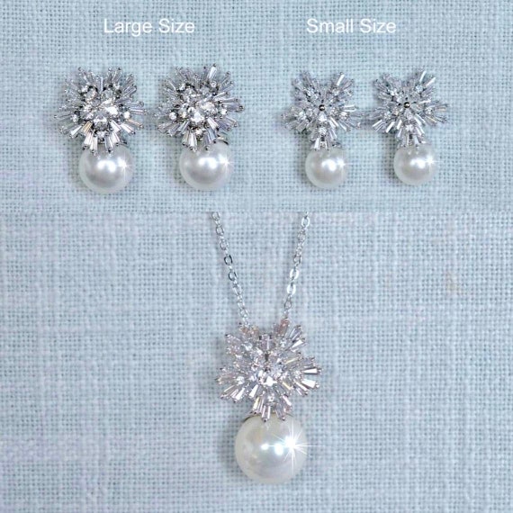 Your Choice Size and Pearl Colour -- Cubic Zirconia CZ & Pearl Snowflake Bridal Earrings, Necklace, Set Bridal, Wedding (Pearl-514)