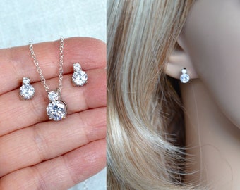 SALE Double Clear Cubic Zirconia CZ White Gold Stud Bridal Necklace and Earrings Set, Bridal, Wedding (Sparkle-3349)
