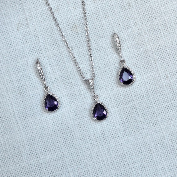Teardrop Cubic Zirconia Jewelry Set - Necklace & Earrings, 14K Gold Plated, Sterling Silver Posts, Gift Box