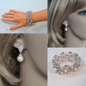CZ and Pearl Silver Rhodium Dangle Bridal Earrings and Crystal and Pearl Bridal Bracelet Set, Bridal, Wedding (Pearl-910)