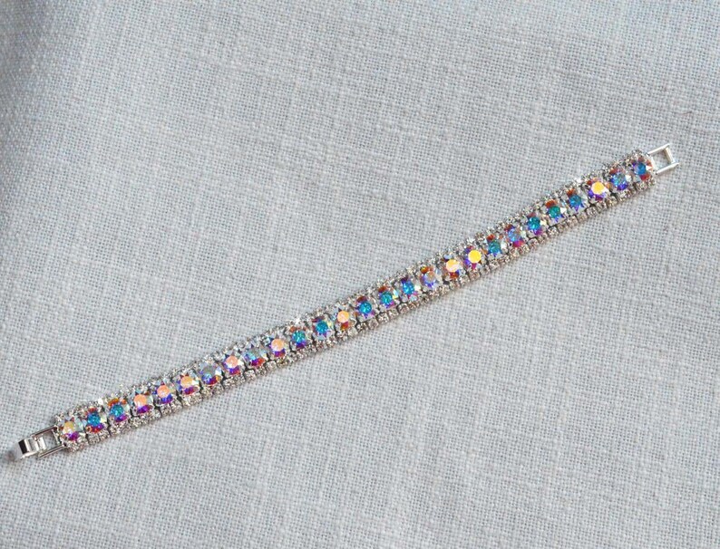 Sparkle-3050 Handmade Long Aurora Borealis AB Cubic Zirconia CZ Teardrop Dangle Bridal Earrings Aurora Borealis Bracelet Wedding Bridal