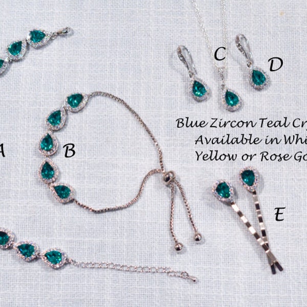 Austrian Crystal Blue Zircon Teal & CZ Halo Pear Teardrop Earrings, Necklace, Bracelet, Hair Pins, Set, Bridal, Wedding (Sparkle-3276-BZ)
