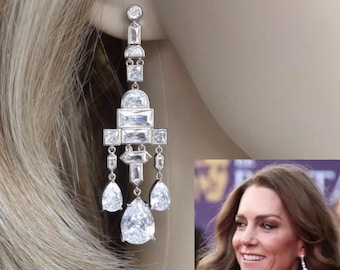 Catherine Princess of Wales Reproduction Greville CZ Chandelier Earrings Purchased by Madame Tussauds (Sparkle-3418)
