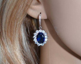 Classic Sapphire Blue Oval Cut Cubic Zirconia CZ Halo Dangle Bridal Earrings, Wedding (Sparkle-2986)