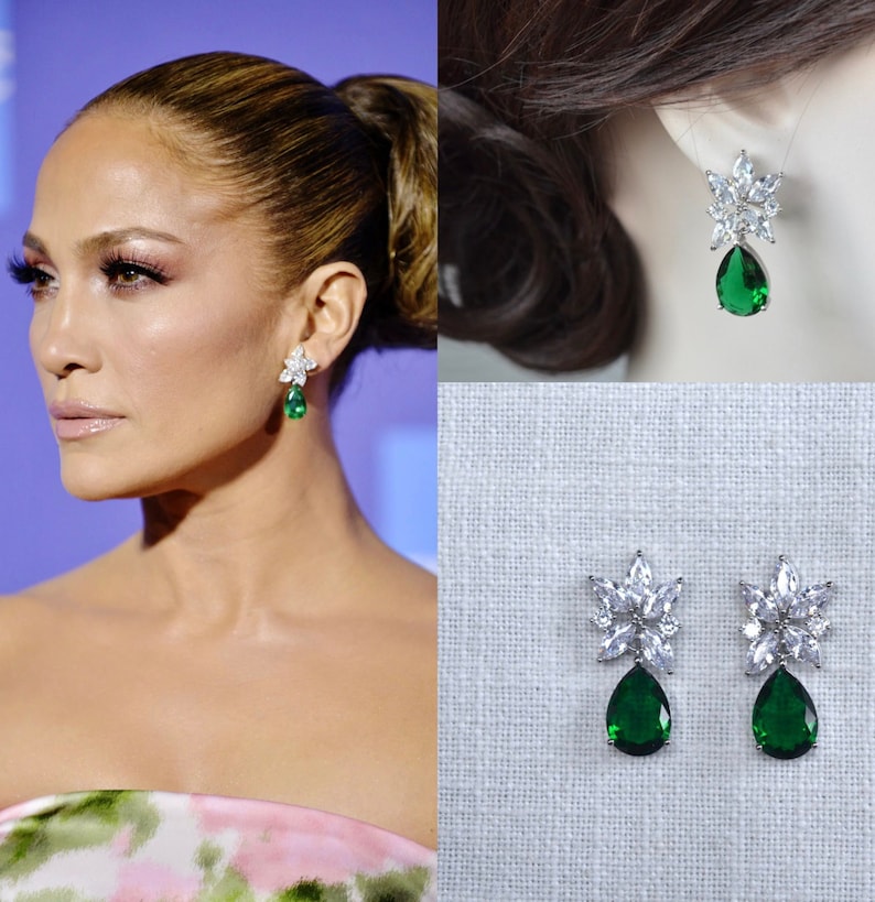Celebrity Inspired Jennifer Lopez Marquise & Emerald Green Pear Cut CZ Drop Dangle Earrings, Necklace, Set, Bridal, Wedding Sparkle-3384 image 1