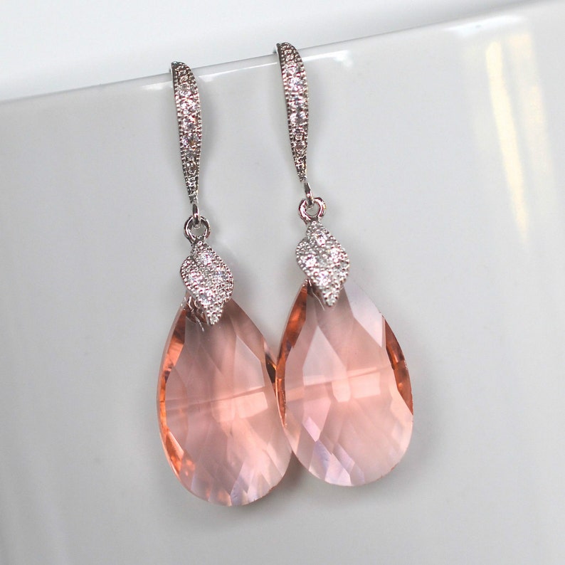 Handmade Blush Soft Peach Pear Crystal Dangle Earrings Set Wedding Necklace Sparkle-2169 Bridal French Hook or Post Earrings