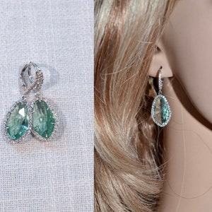 Pale Green Chrysolite Cubic Zirconia CZ Bridal Dangle Chandelier Lever Back Earrings, Bridal, Wedding (Sparkle-2927-C)