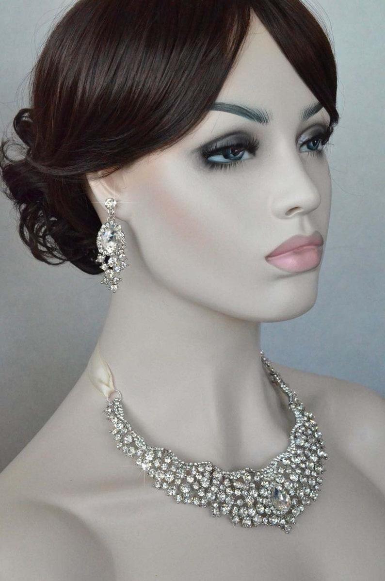 Sparkle-3151 Dramatic Vintage Inspired Fancy Cut Crystal Rhinestone Bridal Necklace and Earring Set Wedding Bridal