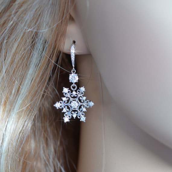 Snowflake Jewelry Set For Women - Sterling Silver Necklace & Earrings With Cubic Zirconia, White/Blue - View #4