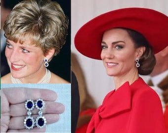 Más de 155 pares vendidos Réplica de la realeza Catalina Princesa de Gales Diana Pendientes colgantes con circonita cúbica azul zafiro ovalado doble (Sparkle-3296)