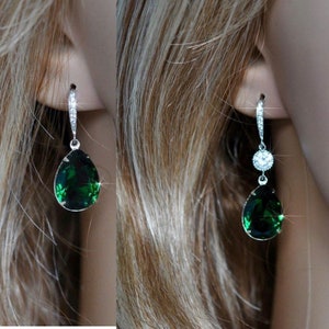 Emerald Green Pear Cut Swarovski Crystal Dangle Earrings, Necklace, Set, Bridal, Wedding (Sparkle-2508)