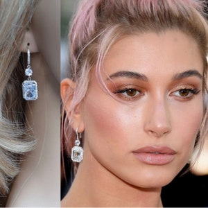 Hailey Bieber Celebrity Inspired Clear Emerald Cut Halo and Round Brilliant Cut CZ Bridal Dangle Earrings, Bridal (Sparkle-3376)
