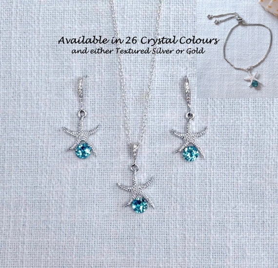Textured Silver or Gold and Crystal Starfish Necklace Earrings Bracelet Set, Beach or Destination Wedding (Sparkle-3132)