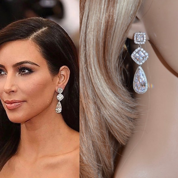 Dramatic Kim Kardashian Celebrity Inspired Luxe Clear Cubic Zirconia CZ Triple Drop Dangle Bridal Earrings, Bridal, Wedding (Sparkle-2146)