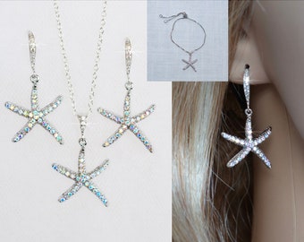 Aurora Borealis AB Crystal Starfish Bridal Necklace Earrings Bracelet or Barrette, Beach Destination Wedding (Sparkle-2675)