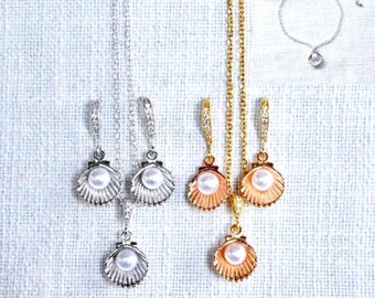 Delicate Silver or Gold White Pearl in Seashell Necklace, Earrings, Bracelet, Set, Beach or Destination Wedding, Bridal, Wedding (Pearl-918)