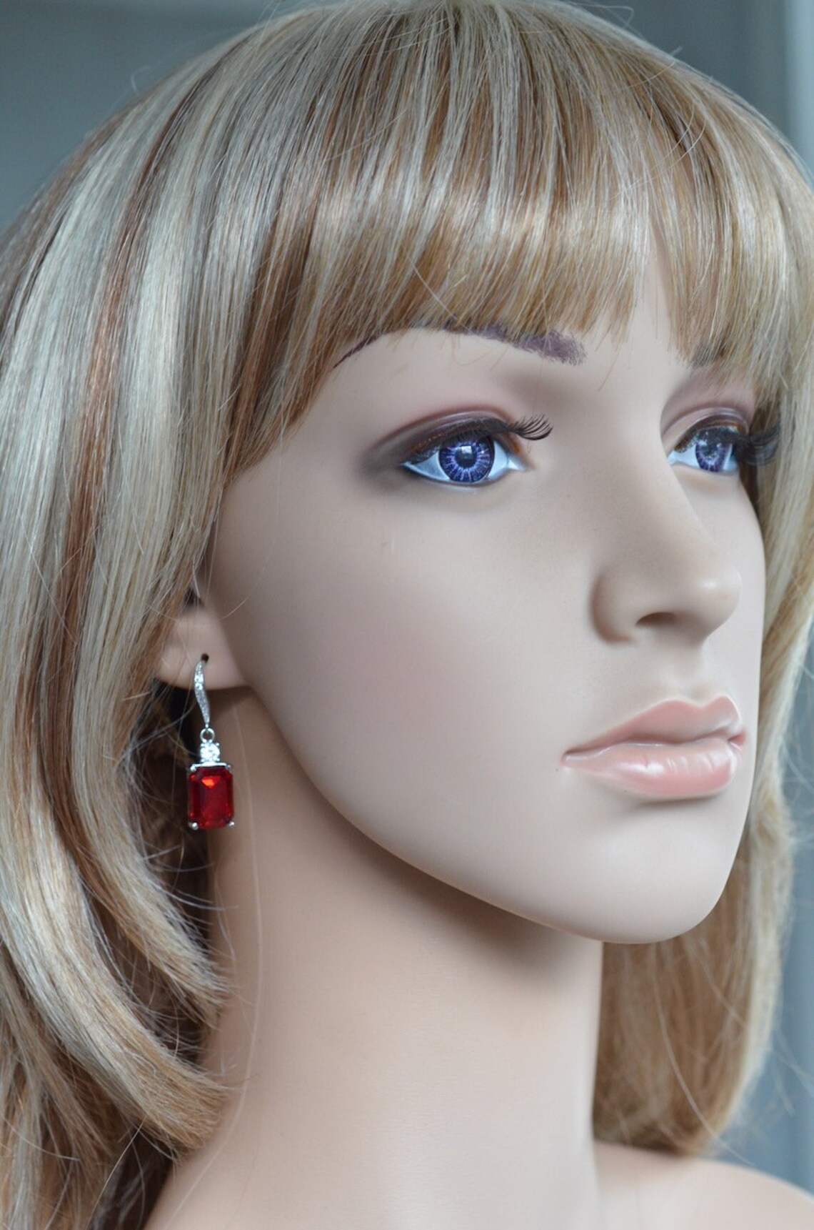 Rectangular Red Earrings Siam Red Emerald Rectangle Cut European Crystal & Clear CZ Rhodium ...