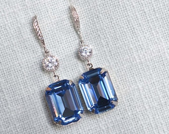 Handmade Light Sapphire Blue Emerald Cut Austrian Crystal & CZ Dangle Bridal Earrings, Bridal, Wedding (Sparkle-2982)