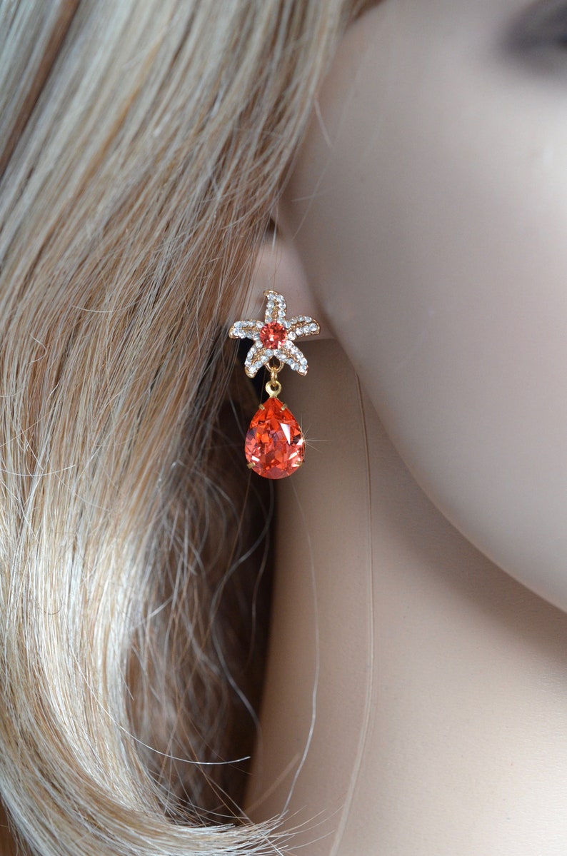 Rhodium Sparkle-3278 Beach Wedding Yellow or Rose Gold Clear Cubic Zirconia CZ /& Colour Crystal Starfish Dangle Bridal Earrings