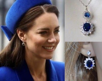 Catherine Princess of Wales Sapphire Blue Clear Cubic Zirconia Necklace Earrings Set (Sparkle-2754-A)
