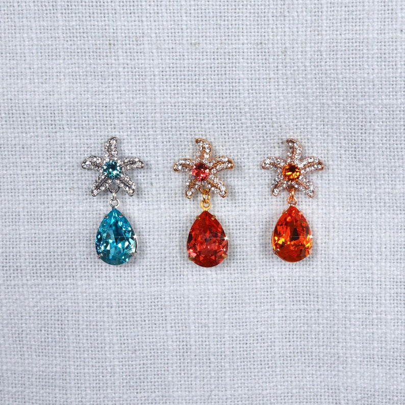 Rhodium Sparkle-3278 Beach Wedding Yellow or Rose Gold Clear Cubic Zirconia CZ /& Colour Crystal Starfish Dangle Bridal Earrings