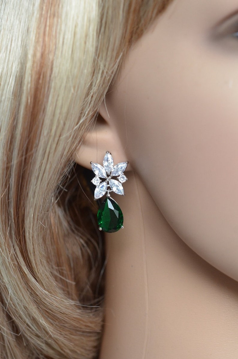 Celebrity Inspired Jennifer Lopez Marquise & Emerald Green Pear Cut CZ Drop Dangle Earrings, Necklace, Set, Bridal, Wedding Sparkle-3384 image 7