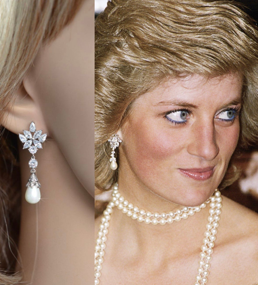 ●JUDY AND PAUL● Diana Lovely Ribbon Pearl Drop piercing Bar Drop Stud Earring with Opal & Diamond - Pamela Love