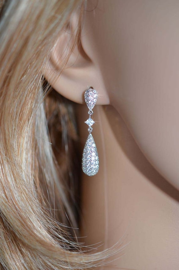 Micro Pave Cubic Zirconia Dangle Earrings with Ribbon Drop Teardrop Rhodium on Sterling Silver - Non Micro Pave Cubic Zirconia Dangle Earrings with Ribbon Drop Teardrop Rhodium on Sterling Silver - Non