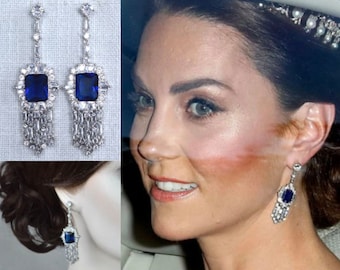 NEW Exclusive Royalty Reproduction Princess of Wales, Queen Mother Clip-On Sapphire Blue Fringe CZ Dangle Bridal Earrings (Sparkle-3296-CO)