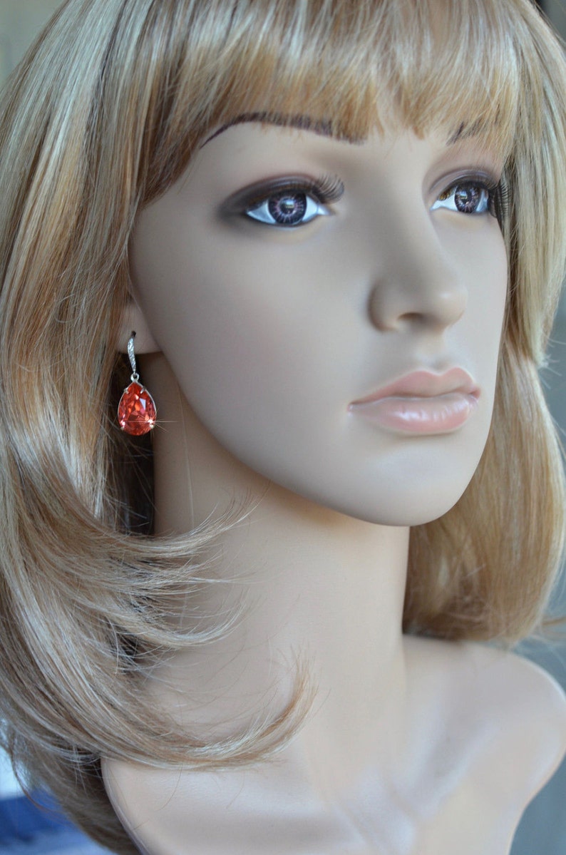 LAST PAIR Handmade Bright Coral Swarovski Padparadscha Pear Cut Crystal Earrings, Necklace, Set, Bridal, Wedding Sparkle-2644 image 4