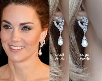 Más de 105 pares vendidos Reproducción de realeza Catalina Princesa de Gales Diana Pendientes colgantes de perlas y circonitas cúbicas Pendientes de perlas (Pearl-919A)
