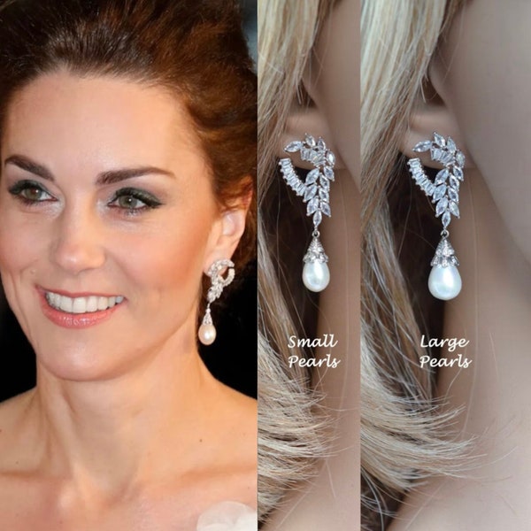 Plus de 105 paires vendues Reproduction royale Catherine, princesse de Galles Boucles d'oreilles pendantes Diana avec perle et zircone cubiques Boucles d'oreilles en perle (Pearl-919A)