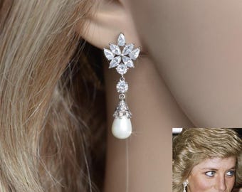 Princess Diana Replica Floral Cubic Zirconia CZ & Pearl Drop Dangle Earrings (Pearl-963)