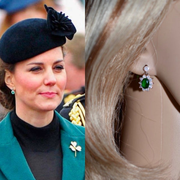 Plus de 30 répliques royales vendues de boucles d'oreilles pendantes princesse de Galles Catherine ovales vert émeraude et zircone cubique transparentes, mariée (Sparkle-2819)