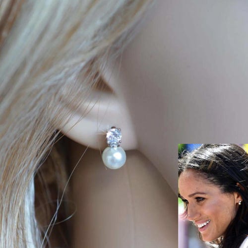 Pendientes de novia con circonitas y perla, reproducción de Meghan, duquesa de Sussex (Perla-891)