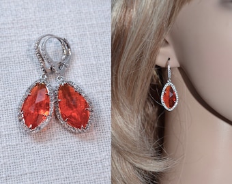 Tangerine Orange Cubic Zirconia CZ Bridal Dangle Chandelier Lever Back Earrings, Bridal, Wedding (Sparkle-2927-TO)