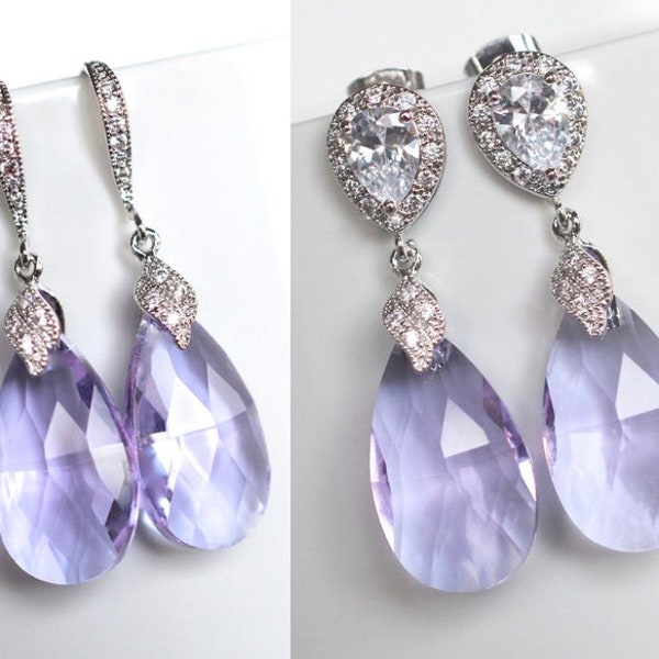 Lavender Light Amethyst Pear Crystal Dangle Earrings, French Hook or Post Earrings, Necklace, Set, Bridal, Wedding (Sparkle-2173)