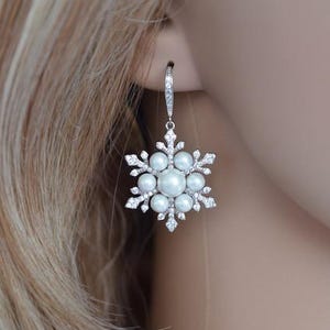 Exclusive White Gold Pearl & Clear Cubic Zirconia CZ Snowflake Dangle Earrings, Necklace or Set, Bridal, Wedding (Pearl-1024-A)