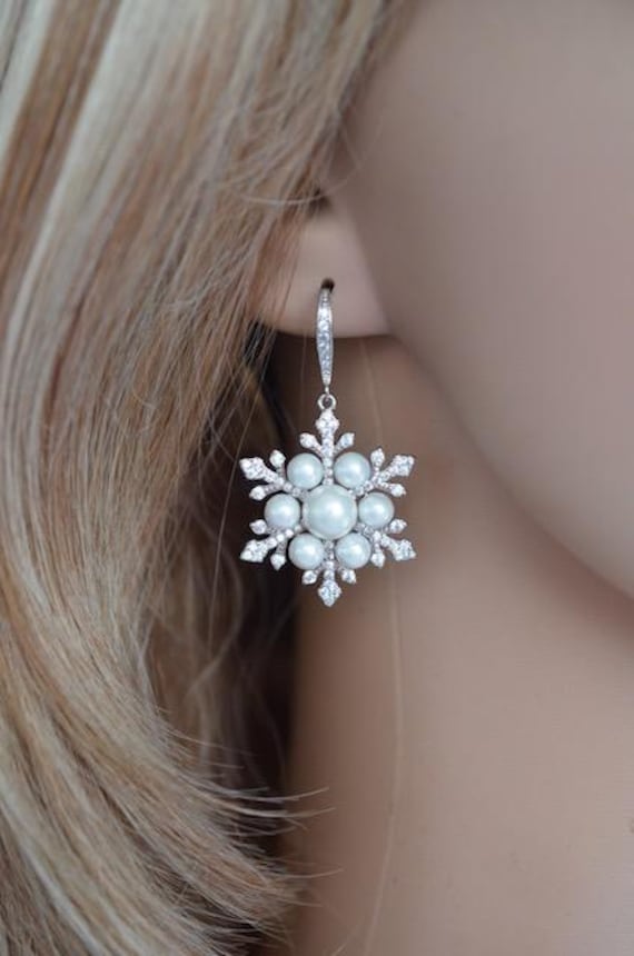 ピアス GANISONG Bridal Pearl flake Earrings White Exclusive White Gold Pearl & Clear Cubic Zirconia CZ