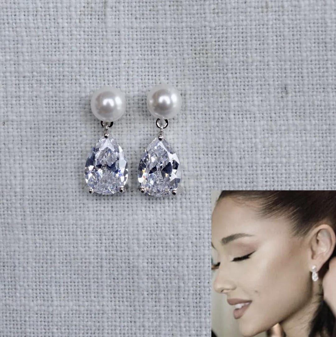 Ariana Grande Replica Bridal Earrings Classic Pear Cut CZ & Pearl