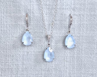 Small Swarovski Powder Blue Teardrop Crystal Dangle Bridal Earrings, Necklace, Bracelet, Set, Bridal, Wedding (Sparkle-3163)