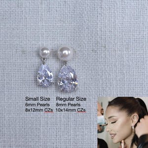 SMALL Ariana Grande Replica Bridal Earrings Classic Pear CZ & Pearl Dangle (Pearl-980-S)