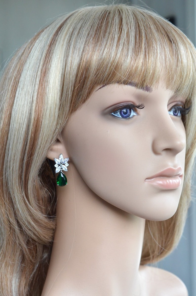 Celebrity Inspired Jennifer Lopez Marquise & Emerald Green Pear Cut CZ Drop Dangle Earrings, Necklace, Set, Bridal, Wedding Sparkle-3384 image 8