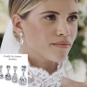 4 Sizes WHITE GOLD Sofia Richie Wedding Earrings Celebrity Inspired Luxe Clear CZ Teardrop Drop Bridal Earrings (Sparkle-3448)